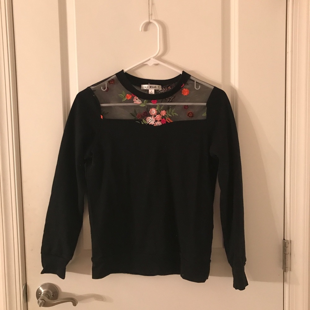 Black sweater with pink embroidered flowers
